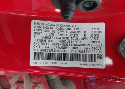 2020 Honda Civic Sport z USA, uszkodzony, nr VIN 2HGFC2F83LH523265